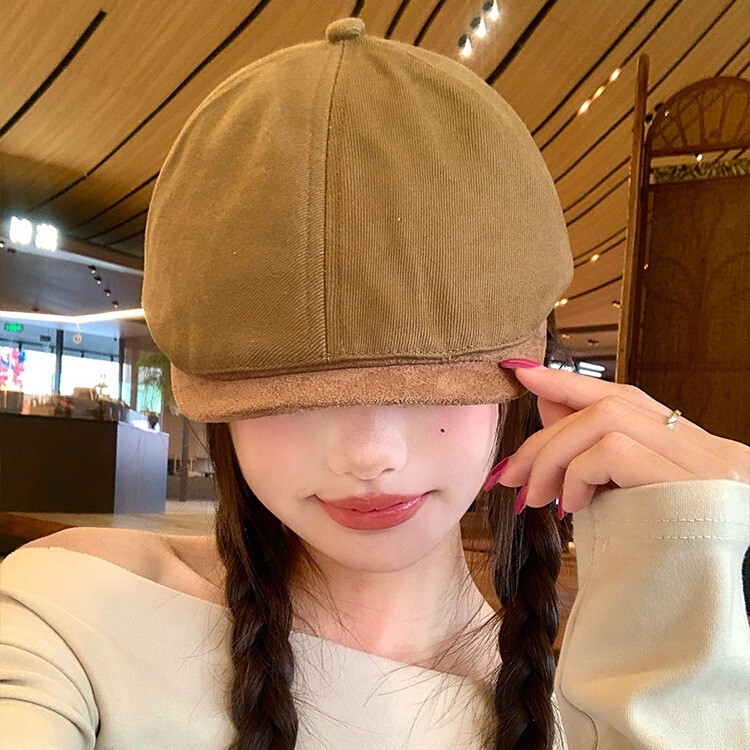 韩系复古拼色皮檐贝雷帽子女款美式时尚鸭舌帽休闲百搭纯棉前进帽|undefined