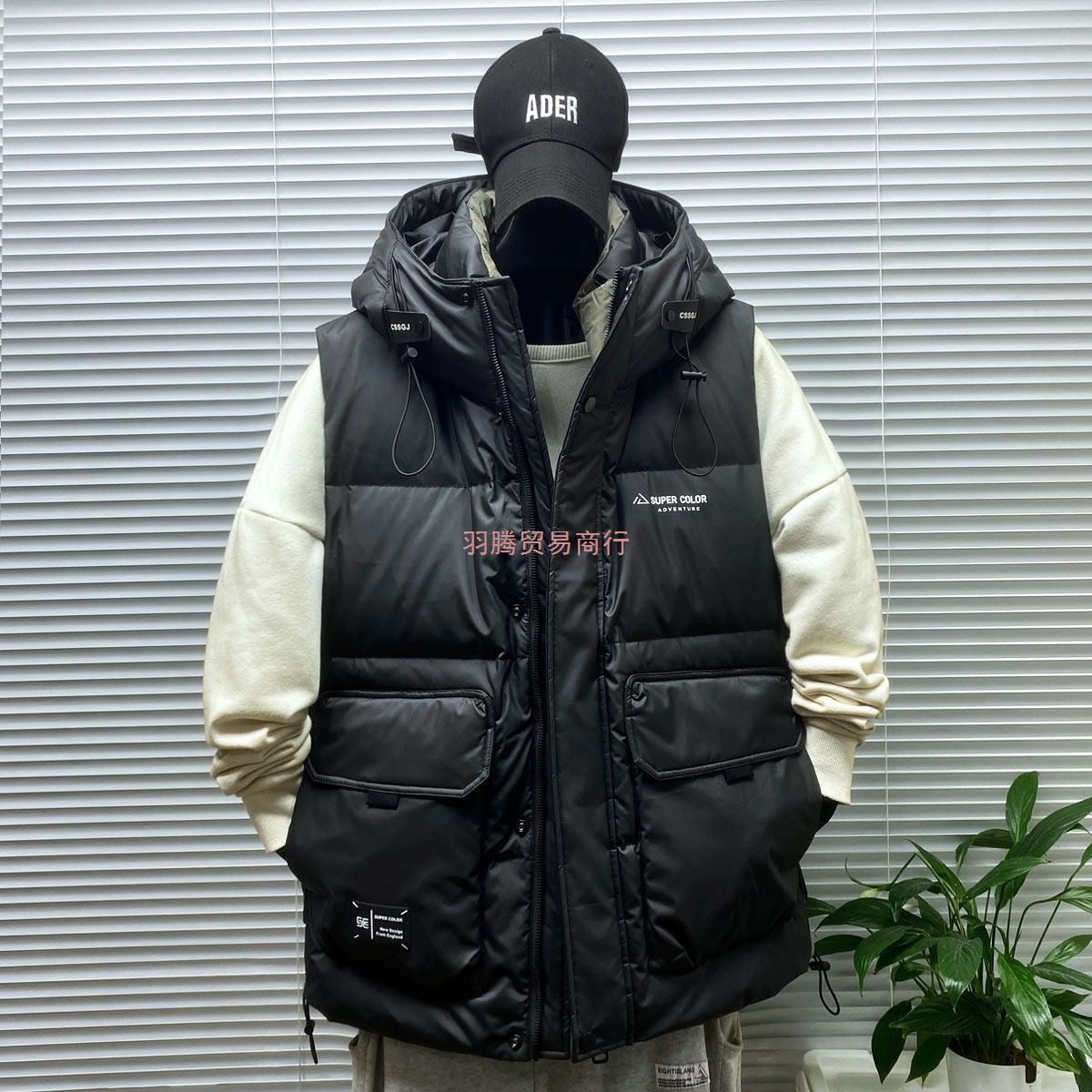 男款羽绒马甲外穿冬季潮新款青少年加厚连帽保暖背心工装外套黑色