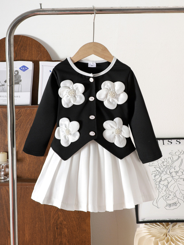 Kids clothing 跨境外贸秋冬新款小童花朵黑色长袖上衣+白色短裙|undefined