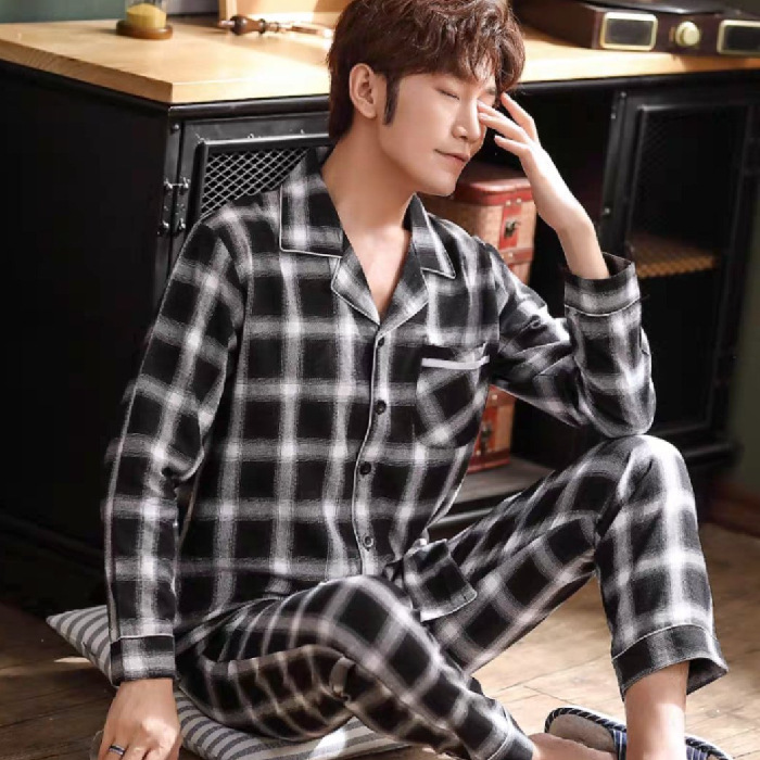 Transmisión en vivo de nuevos pijamas de hombre primavera y otoño de tamaño grande casero ocio relajado dos piezas de ropa de casa para hombres micro comercio