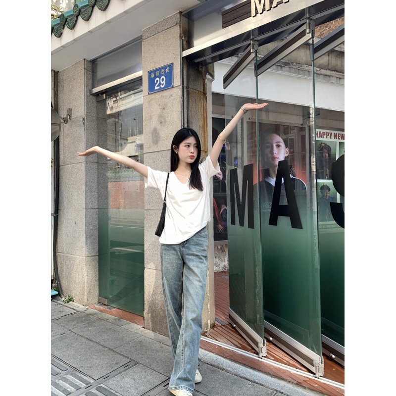 Shu Ne Liangpin Summer Thin V-neck Short-sleeved T-shirt Women's Comfortable Loose Slimming Lazy Base Shirt Casual T-shirt