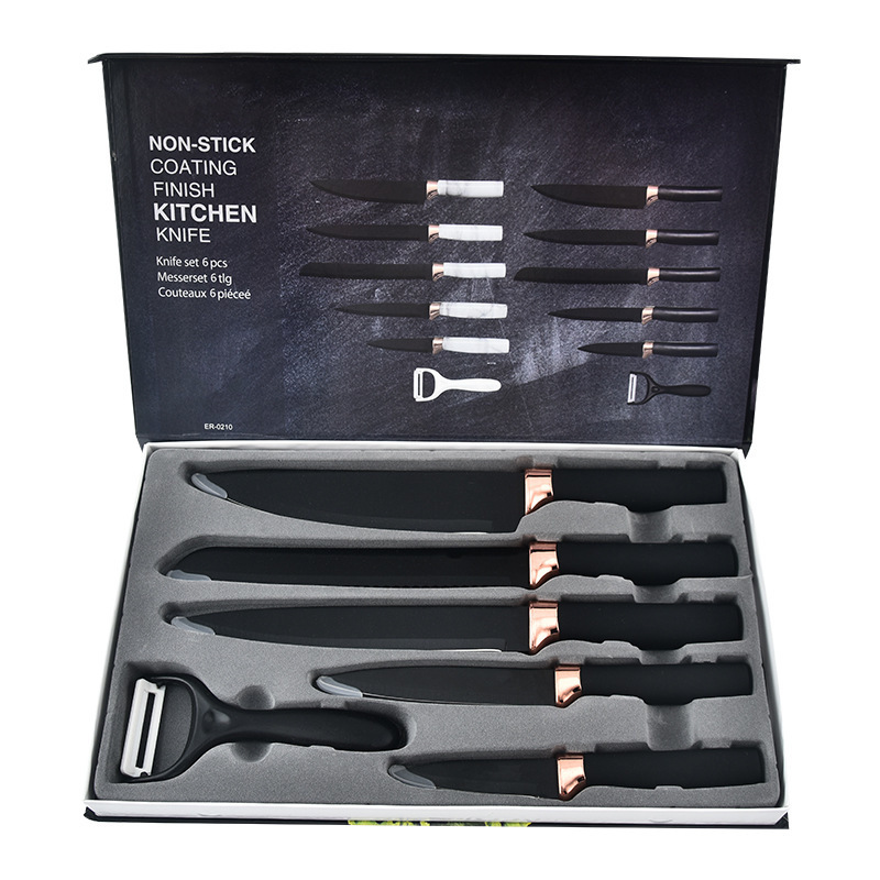 Acero inoxidable pintado chapado en oro rosa cabeza oblicua marbling mango blanco de seis piezas caja de regalo traje cortador