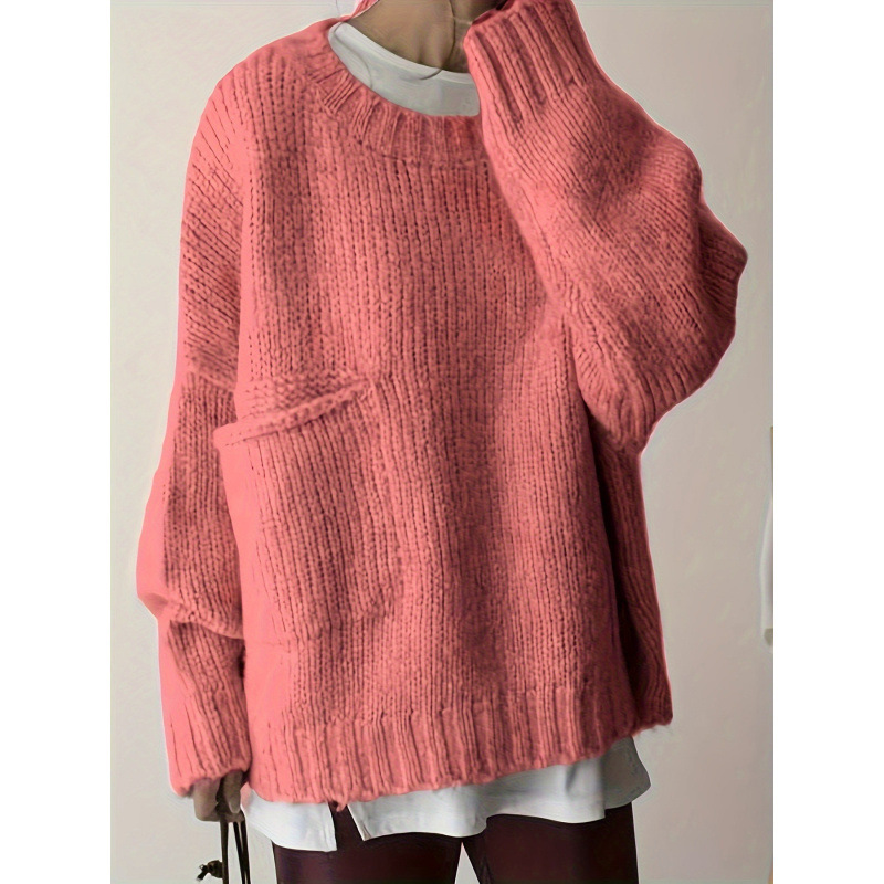 Plus Size Solid Pocket Crew Neck Sweater Casual Long Sle跨境|undefined