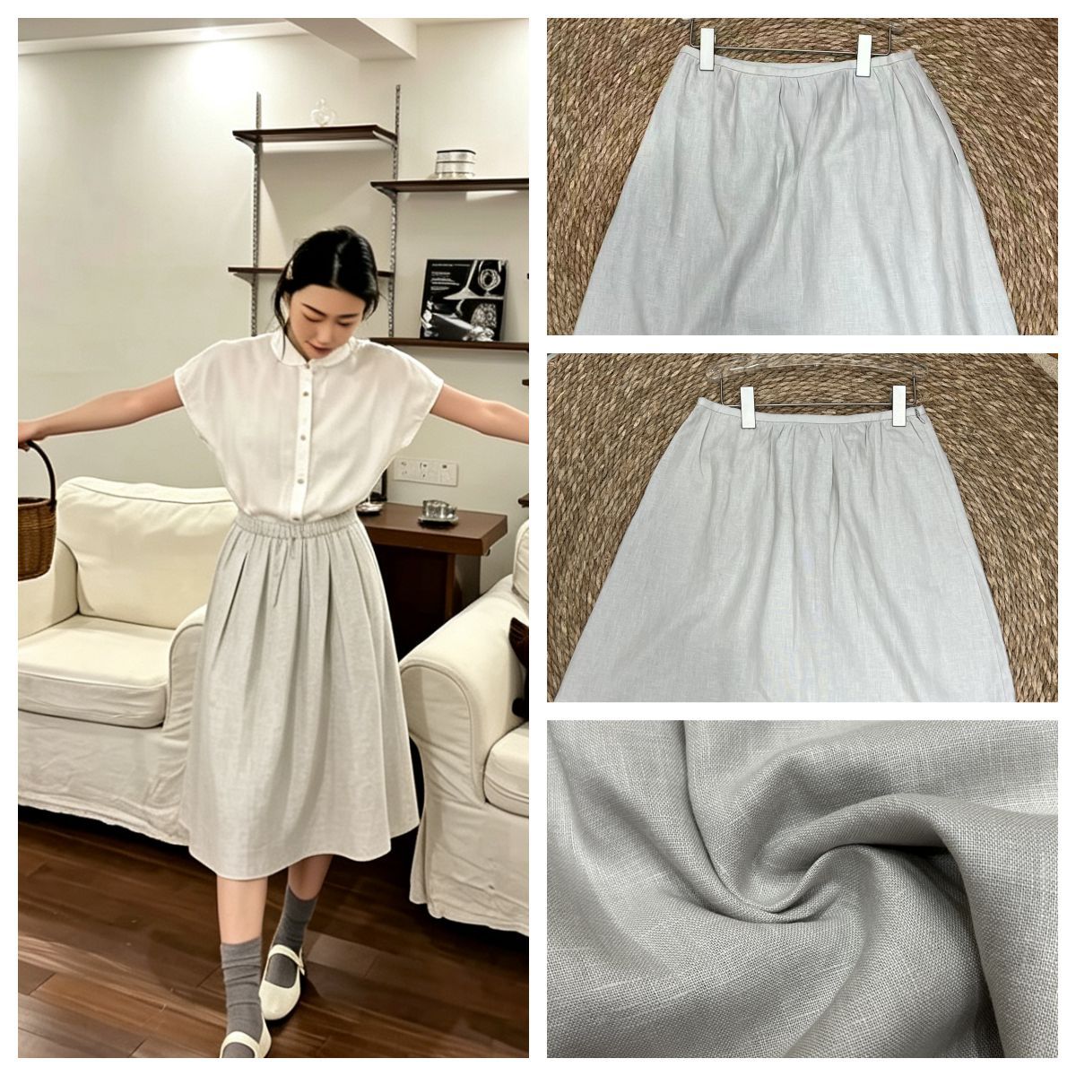 Light gray linen women's short skirt, high-waisted pleated A-line skirt, simple textured cotton-linen half skirt