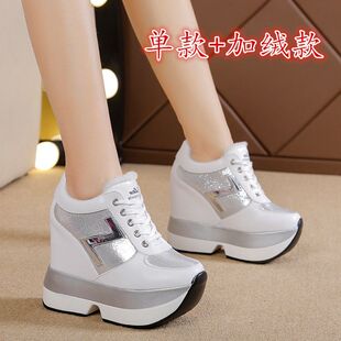 2023 Autumn New Inner Heightening White Shoes Women's Thick-Soled Korean Style Easiest for Match Casual Shoes 12cm Super High Heels Women's Single Shoes