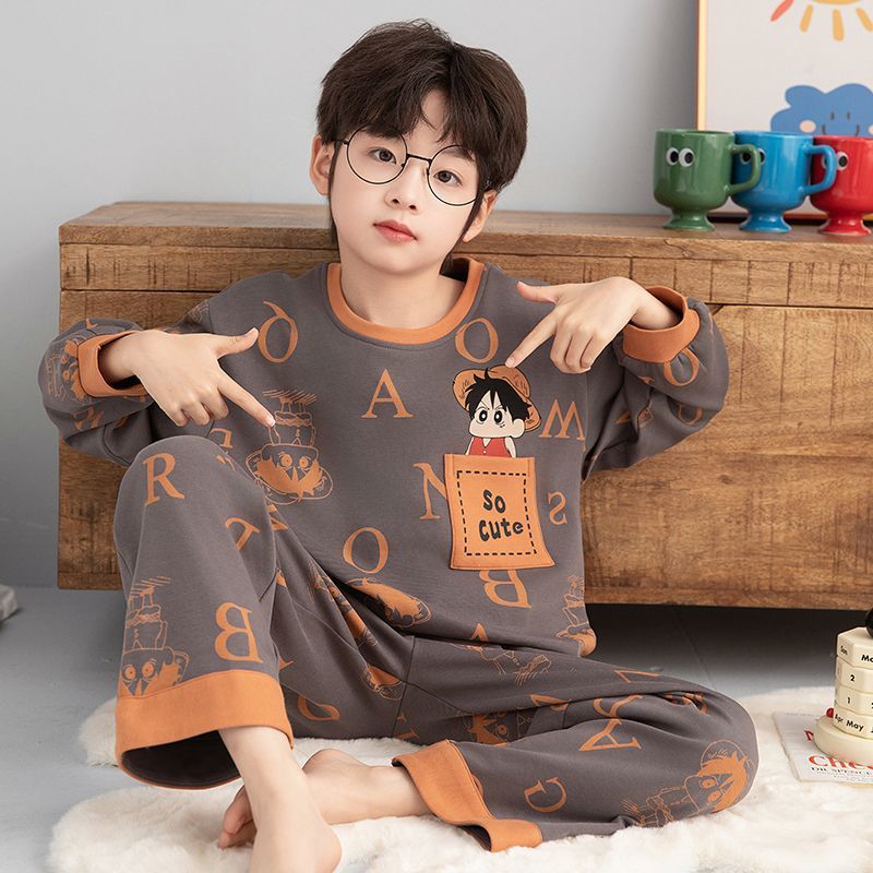 Spring and Autum Cotton-Feel Boys' Pajamas Long-Sleeved Handsome Teenage Boys Home Clothes Junior High School Students Kidsren's Suits