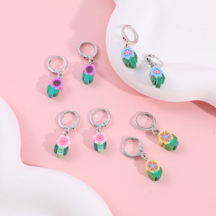 Yunyun jewelry factory supply female jewelry gift children's colorful cute flower soft pottery earrings 4 pairs suit