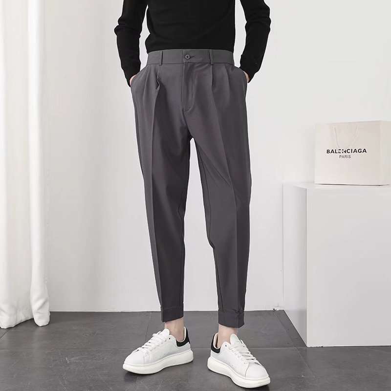 Pantalones casuales de color sólido de velcro para hombres pantalones hasta el tobillo estilo británico sin planchar nuevos pantalones de traje maduro ligero simple image 7