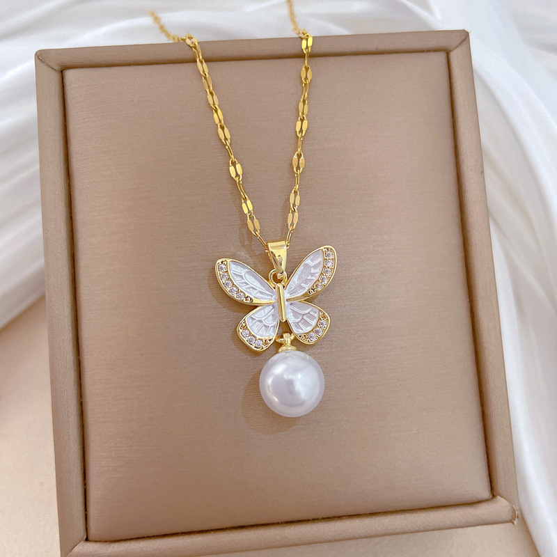 Gorgeous Butterfly Pearl Necklace Set Titanium Steel Clavicle Chain_voghion.com