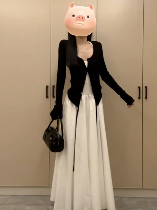 French-Style White Spaghetti Strap Dress for Women Early Autumn 2025, Very Pretty New Petite Korean Outfit Set