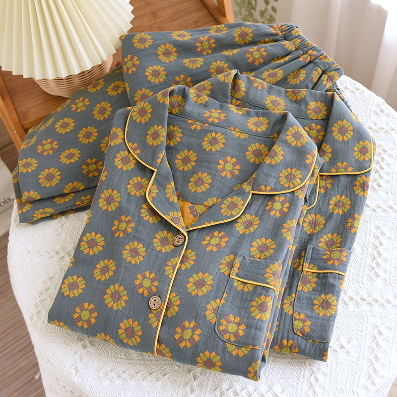 Nuevo algodón de manga larga cardigan pijamas florales de doble capa de gasa de algodón primavera y otoño solapa japonesa traje de desgaste para el hogar