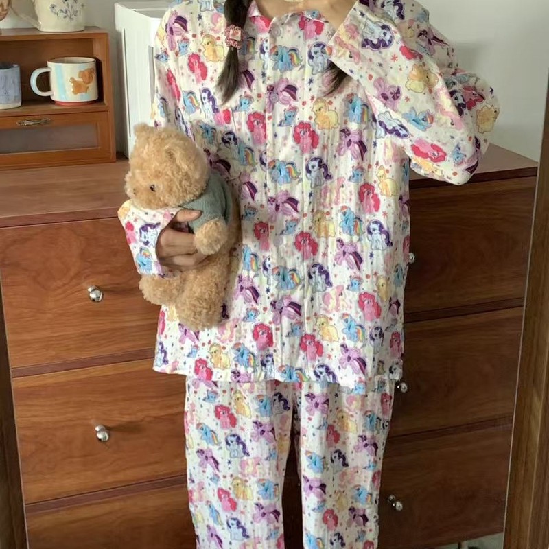 新品！小马宝莉A类全棉双层纱翻领可爱卡通睡衣宽松居家服遛弯|undefined