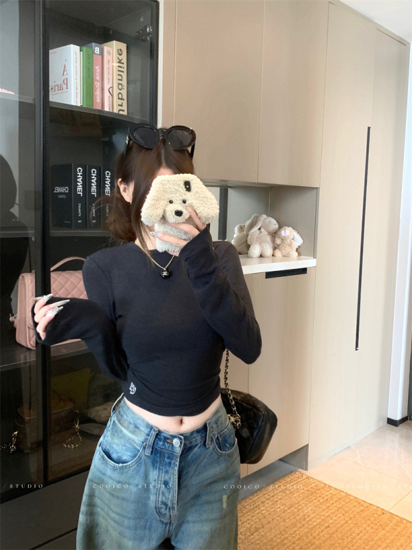 复古正肩长袖T恤女2025秋季新款设计感修身显瘦短款掐腰打底上衣|undefined