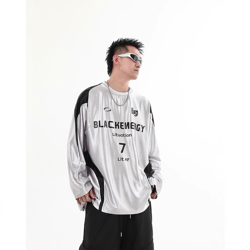 Liquid cleanfit silver T-shirt Men's American-style Autumn Long-sleeved Raglan Sleeve Sweepshirt Stitching Contrast Color Sports Jersey