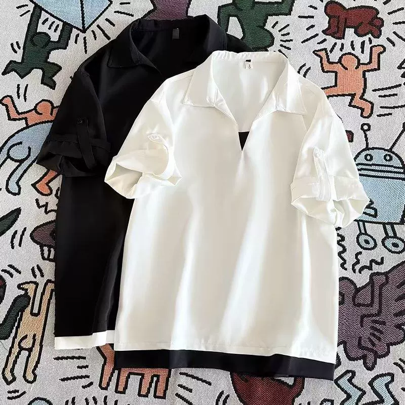 Комплект, модное поло, куртка, V-образный вырез, с коротким рукавом, коллекция 2023 года, оверсайз
