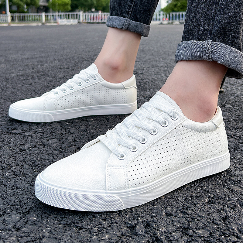 Caoutchouc petit blanc nouveaux trous de maille en cuir décontracté, à lacets d'été, chaussures de sport à fond plat pour étudiants, pour hommes_voghion.com