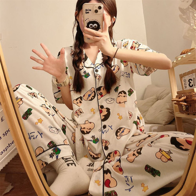 Japanese Cartoon Crayon Shin-chan Pajamas Women's Spring and Autumn Summer Short-sleeved Pants Cute Student Home Clothes suit
