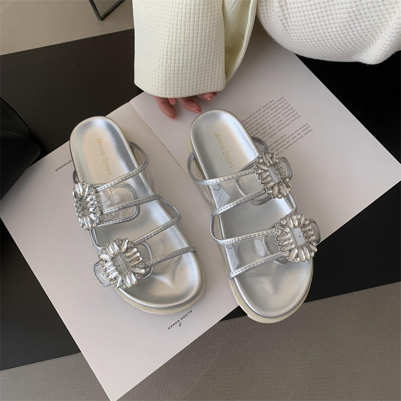 Women's slippers summer wear 2023 new one-word slippers out fashion rhinestone platform sandals