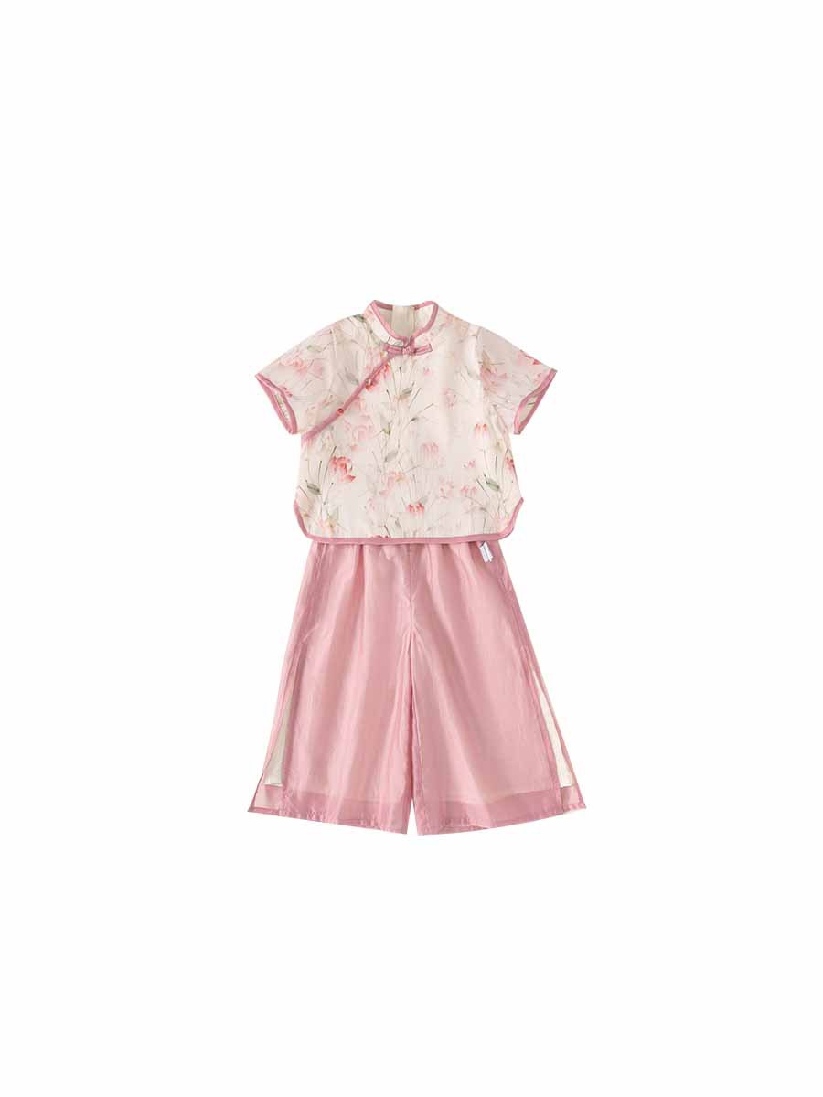 Yubao ropa infantil para niñas estilo nacional de verano para niños de mediano y medio estilo chino nuevo chaqueta de flores delgada pantalones de piernas anchas dos piezas