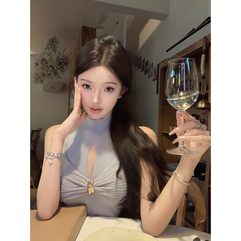 Jayky [Waistline Killer] Twist Pleated Slit Knitted T-Shirt Design High Collar Sleeveless Top