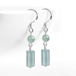 High-grade S925 silver inlaid natural A goods jade blue water jade earrings ice jade stone ancient style women's earrings earrings