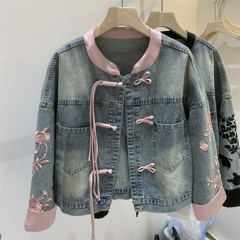 Women's Chinese Style Denim Jacket with Frog Buttons, New Chinese Style Stand Collar Top, 2024 Spring New Style, Heavy Embroidery Short Jacket