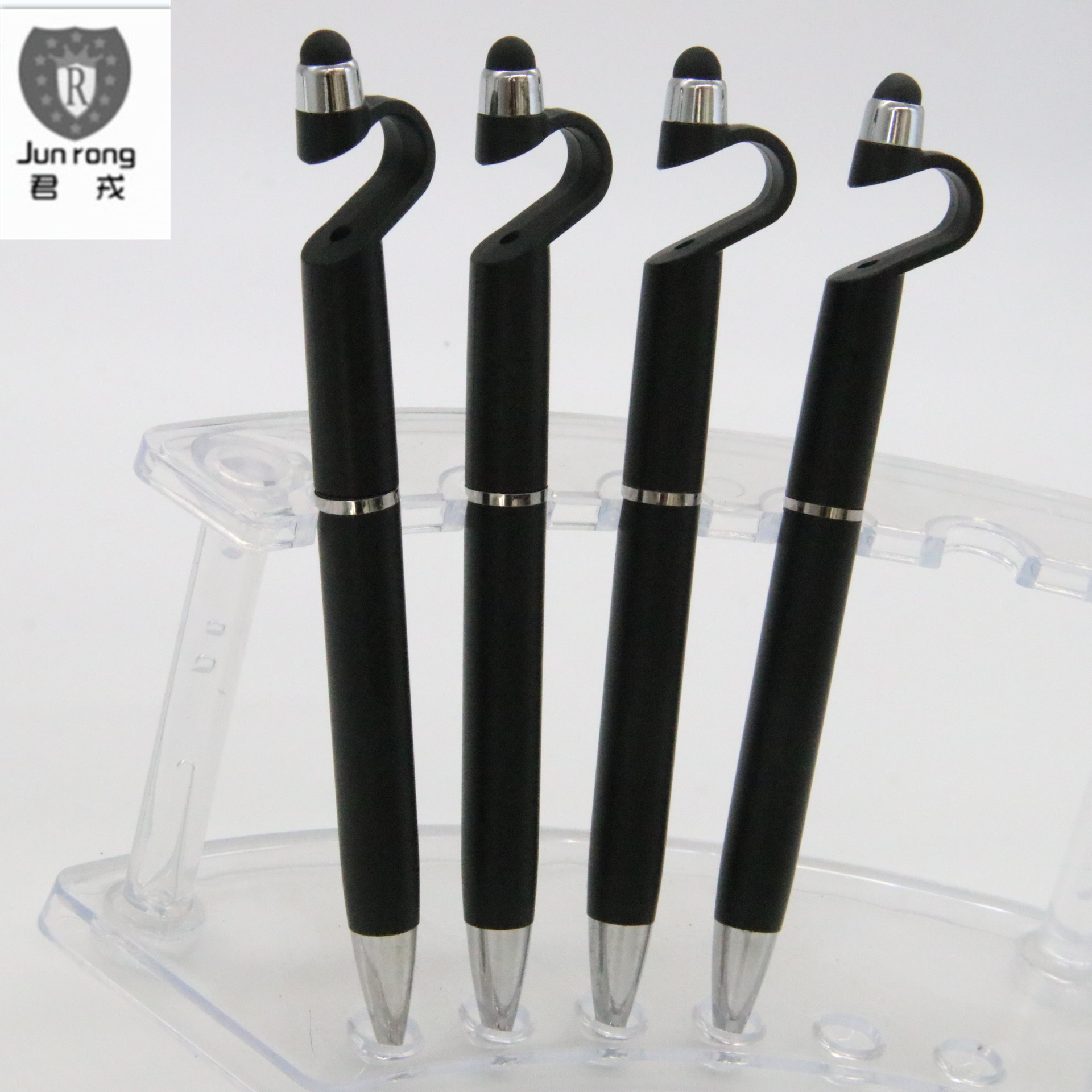 Soporte para teléfono móvil táctil pluma publicidad bolígrafo giro pluma en stock imprimible LOGO medio aceite de recarga pluma negro