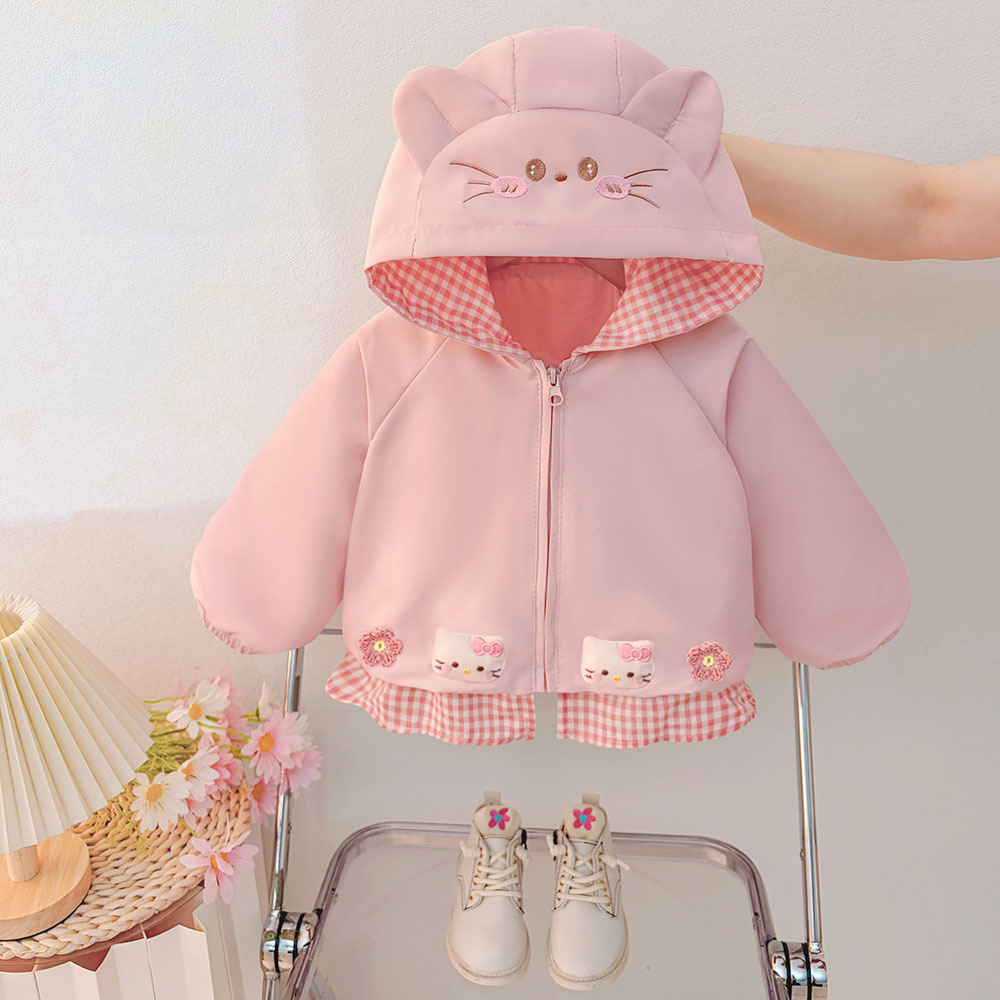 Wholesale foreign trade cute hooded trench coat for toddlers, sweet cat-themed jacket for baby girls, spring and autumn wear, available for live streaming sales