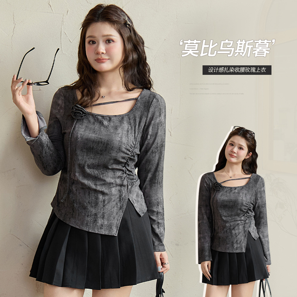 Spring New Tie-Dye Irregular Design Gray and Black Rose Embellished Top Plus Size Women's Slimming Top 66046