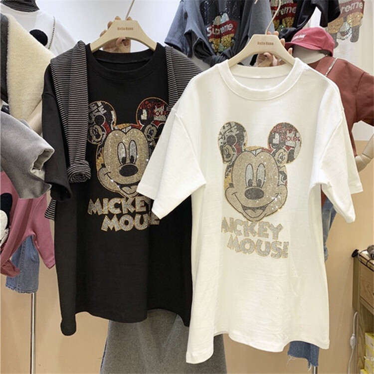 200g Pure Cotton Summer New Heavy-Duty Rhinestone Mickey T-Shirt Women's Short-Sleeve Loose Mickey Mouse Half-Sleeve Top