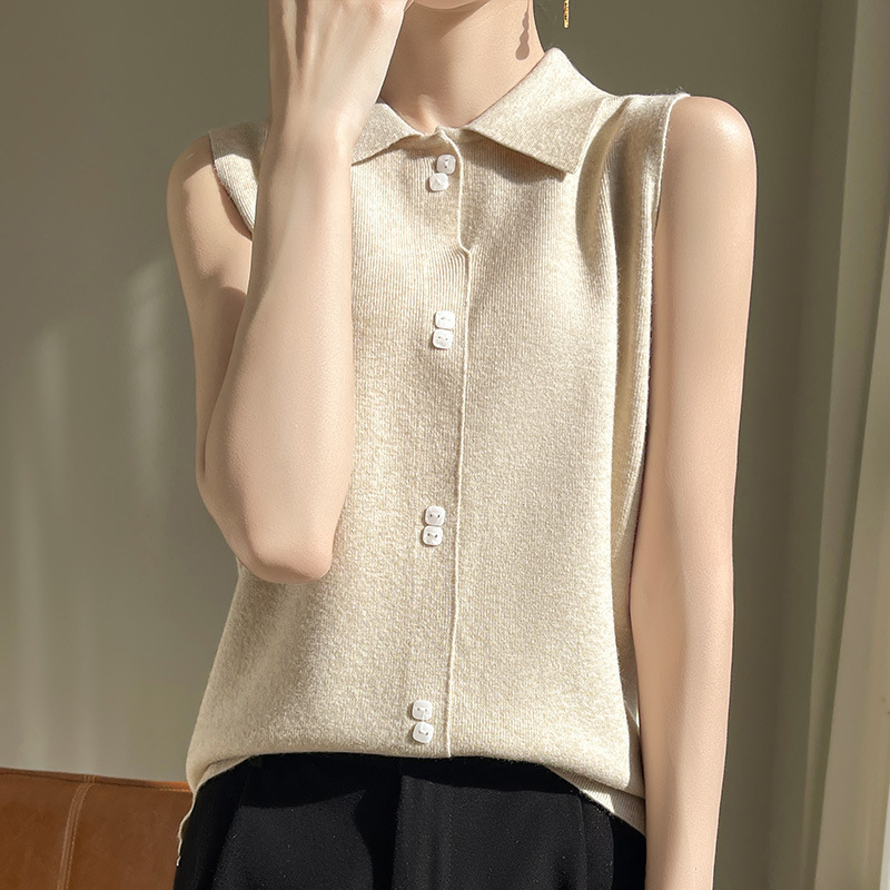 POLO Collar New Sleeveless Worsted Wool Women's Loose Inner Elegant Solid Color Sleeveless Knit Base Shirt with Buckle