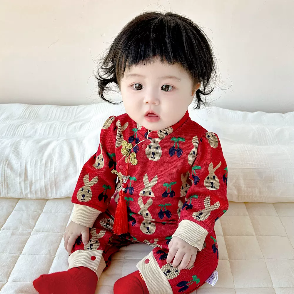 2025婴儿春秋针织连体衣女宝宝新中式周岁满月服春秋装爬服3212