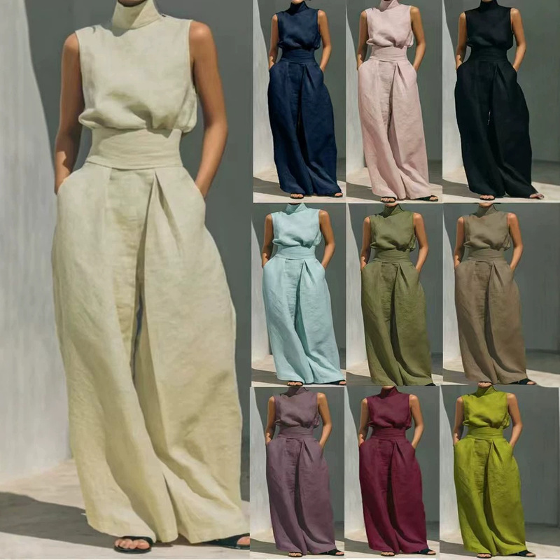 In-Stock European and American Cross-Border Foreign Trade Summer Solid Color Vacation Style Cotton-Linen Blend Sleeveless Top and Wide-Leg Pants Set for Women In-Stock European and American Cross-Border Foreign Trade Summer Solid Color Vacation Style Cotton-Linen Blend Sleeveless Top and Wide-Leg Pants Set for Women