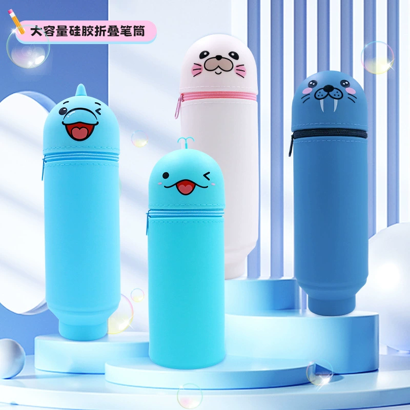 Silicone Cartoon Pencil Case, Large-Capacity Foldable Stationery Pouch, Dinosaur & Animal Designs