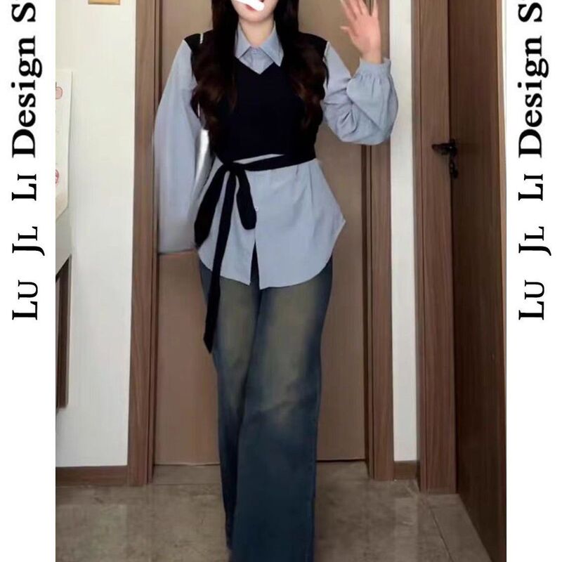 大码女装胖mm慵懒风假两件绑带马甲衬衫2025秋季新款时尚显瘦上衣|undefined