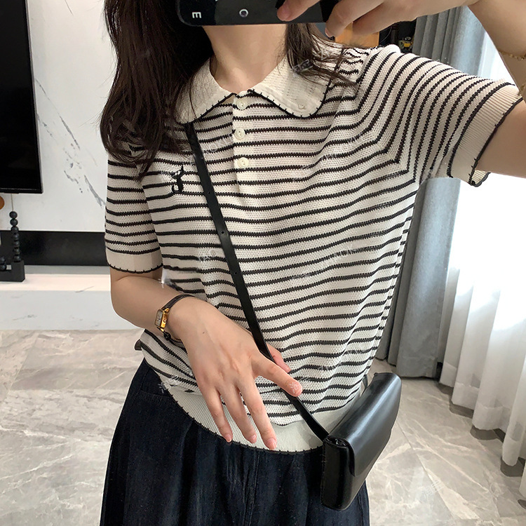 Korean Style Age Reduction! Lyocell Summer Thin Knitwear Kitten Embroider Exquisite Commuter Polo Lapel Elegant Top