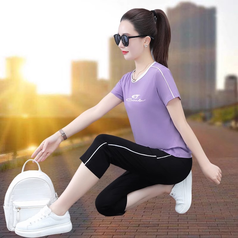 纯棉运动套装女夏季薄款2025新款休闲跑步健身服短袖七分裤两件套|undefined