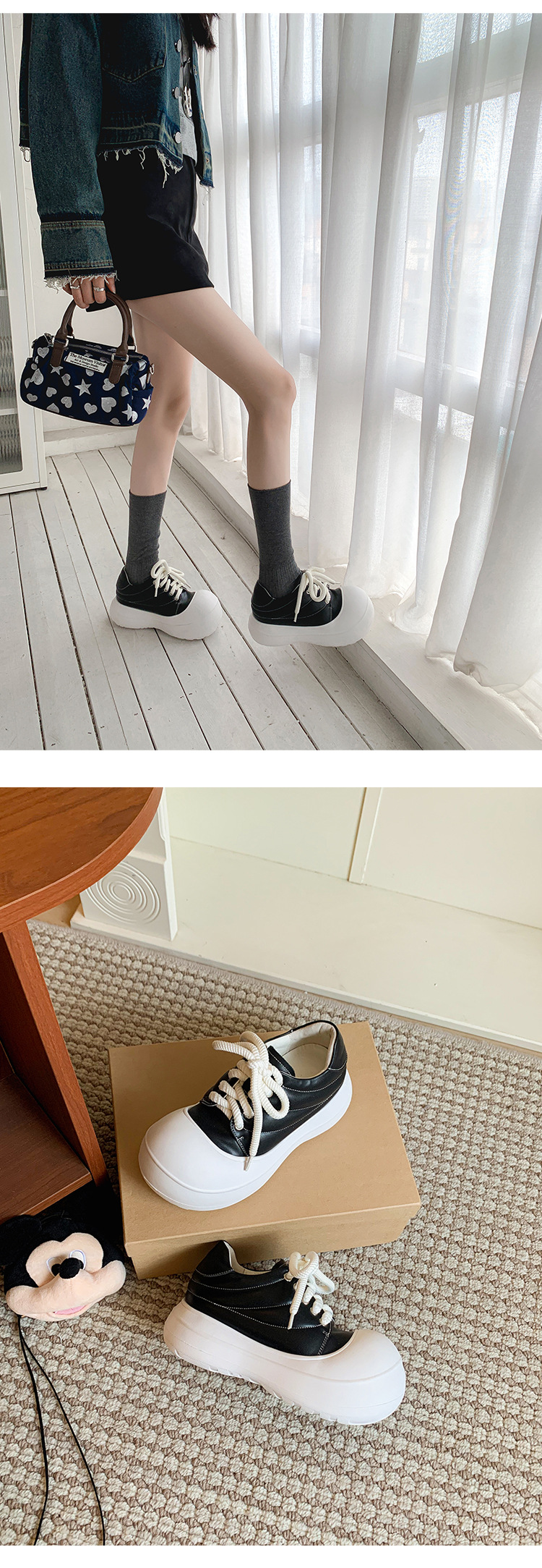 Giày sneaker nữ chunky đế dày da thật phối màu mũi to bản — màu đen, màu trắng chi tiết 19