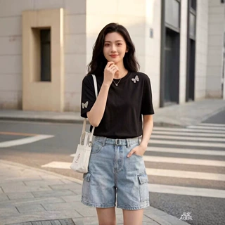 新款蝴蝶烫钻短袖宽松休闲女夏季天丝百搭时尚T恤