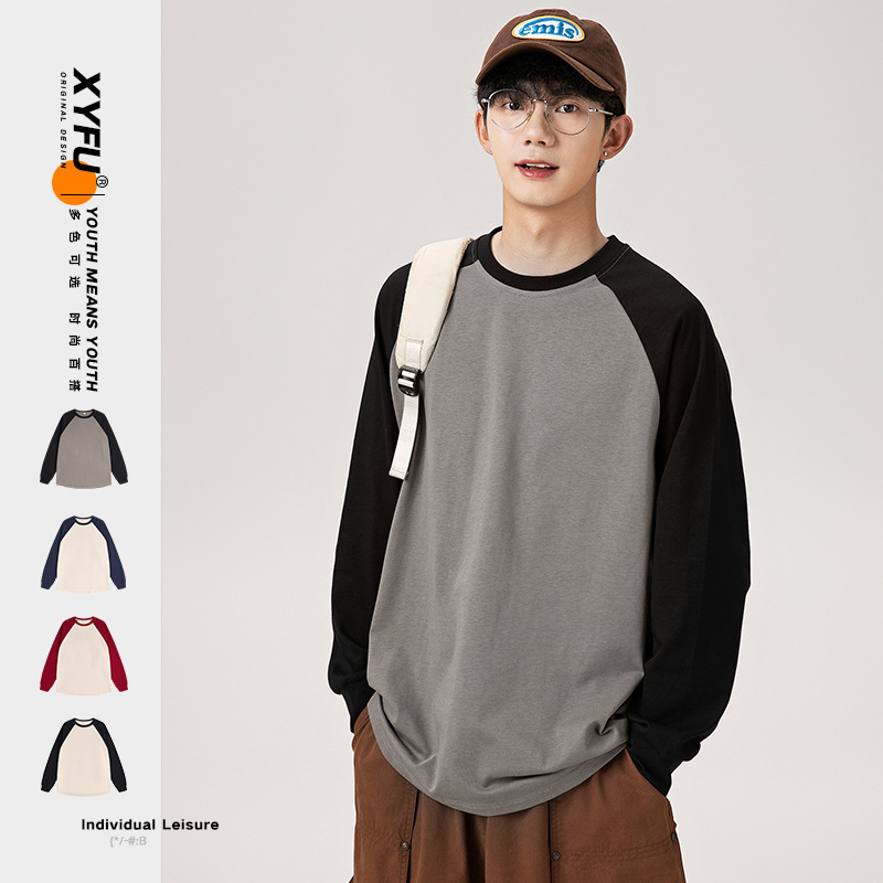 American Color-block Raglan Sleeve Sweater Men's Ins Fashion Brand Autumn Japanese Round Neck Base Shirt Loose plus size Long-sleeved T-shirt