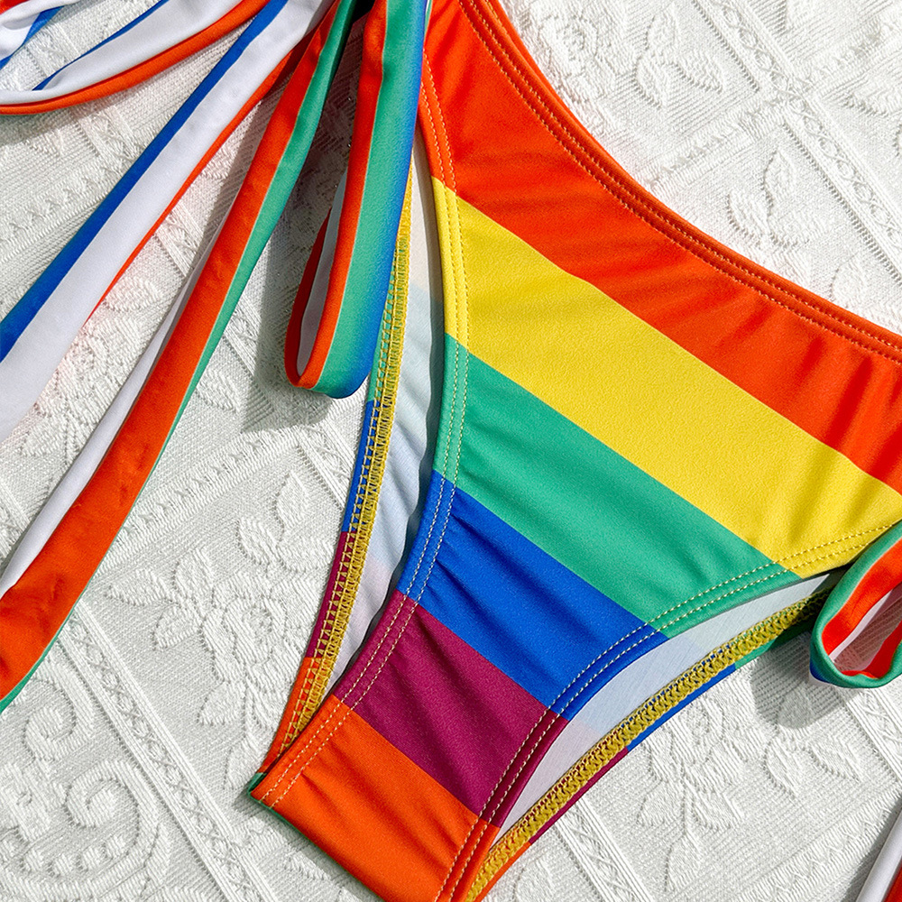 Bikini a righe arcobaleno – Costume da bagno sexy a vita alta (taglie S-L, poliestere-spandex, senza ferretto, per spiaggia e piscina)_voghion.com