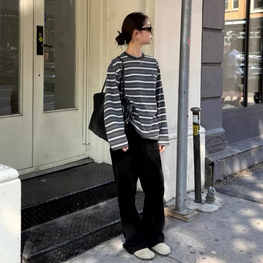 现货 八奶家条纹宽松长袖T恤女2025秋季圆领休闲上衣the barnn*t