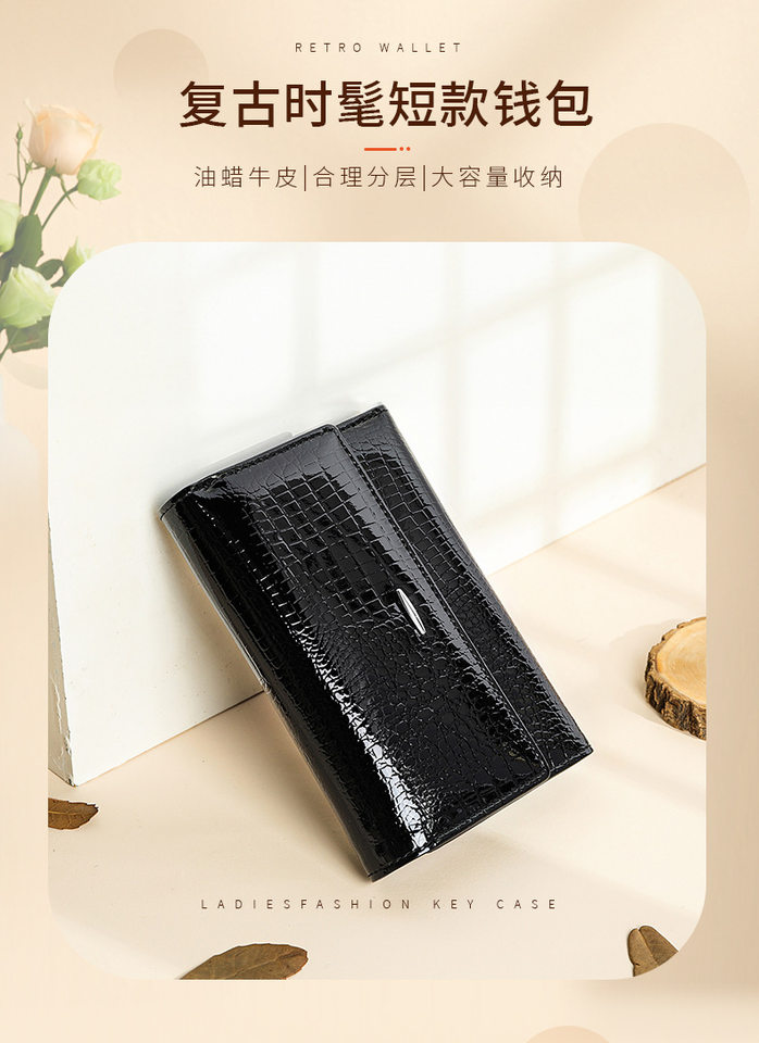 Ví nữ da thật dáng gấp nhiều ngăn đựng thẻ, bề mặt bóng, phong cách thời trang đa năng — Màu đen, Màu đỏ, Màu đỏ đậm chi tiết 8