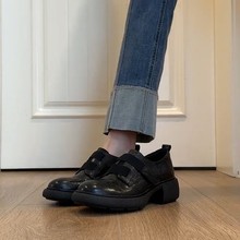 牛皮版~英伦风厚底魔术贴复古圆头乐福鞋女百搭粗跟5cm小皮鞋单鞋