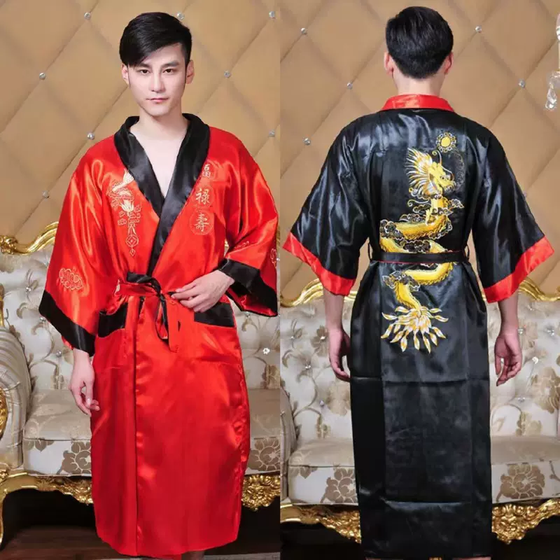 红黑两面穿重工绣大龙双面穿浴袍刺绣男女唐装宽松酒店睡衣龙袍