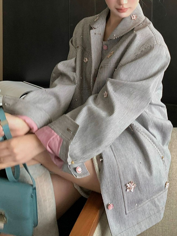 欧阳 l*v私服 超重磅手缝水钻条纹夹克外套显瘦百塔高级感女外套|undefined