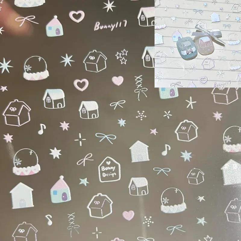 Korean Ins Nail Art Stickers Embossed Stereo Cute Lines Snowman House Nail Cdd Pen Holder Tablet Phone Case Sticker