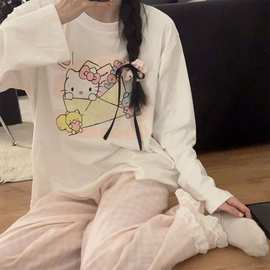 可爱圆领睡衣女秋冬季风双面德绒保暖卡通宽松家居服套装