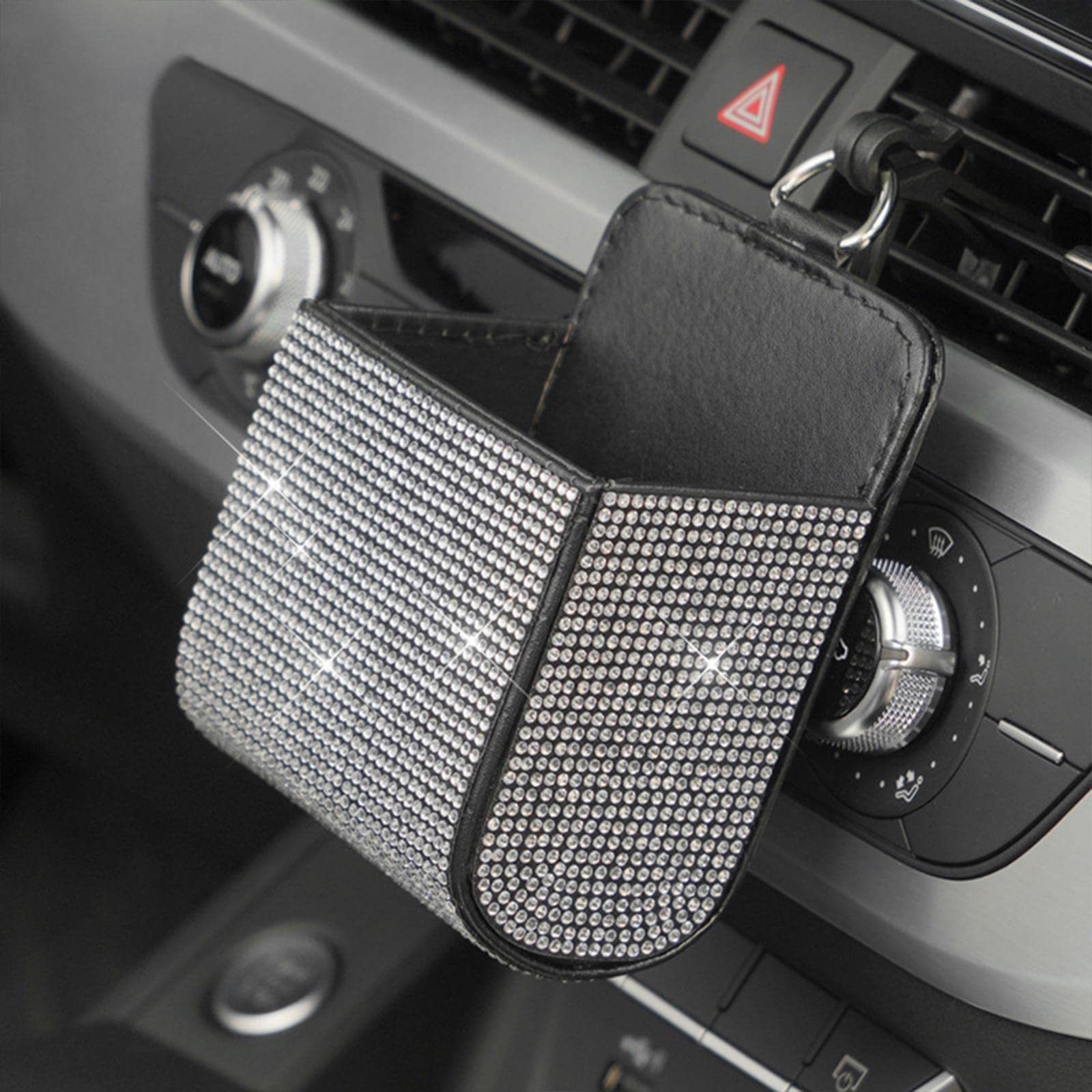 Car Diamond-Encrusted Document Storage Box, Car Air-Conditioning Vent Storage, Multi-Functional Leather Storage Bag with Diamonds