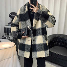 青少年风衣外套男款2025新款秋冬韩系小香风格子翻领毛呢短款大衣